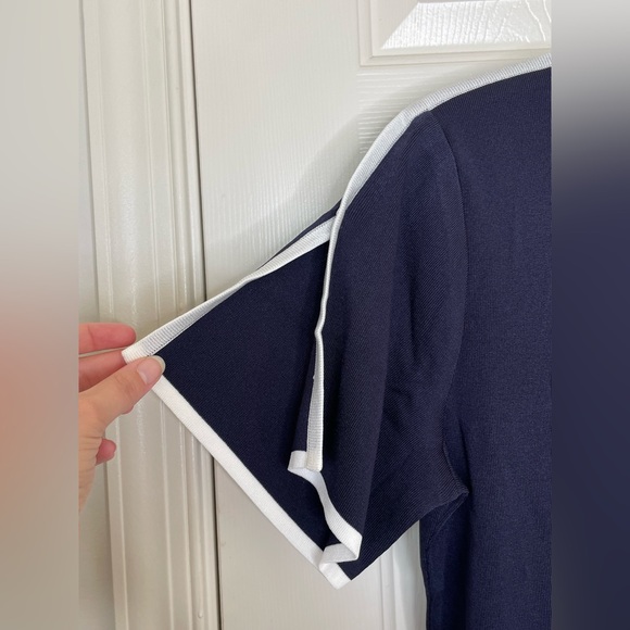 Misook Navy Blue White Trim Short Sleeve Knit Blouse Top | M - Picture 3 of 10